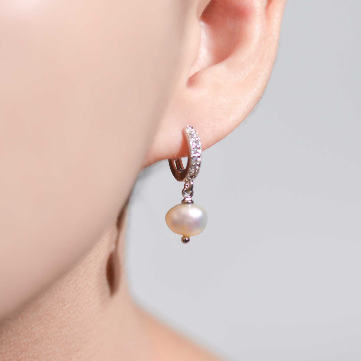7.3 mm White Kieshe Pearl Rhodium Plated with Inlaid Zircon Hoop Earrings