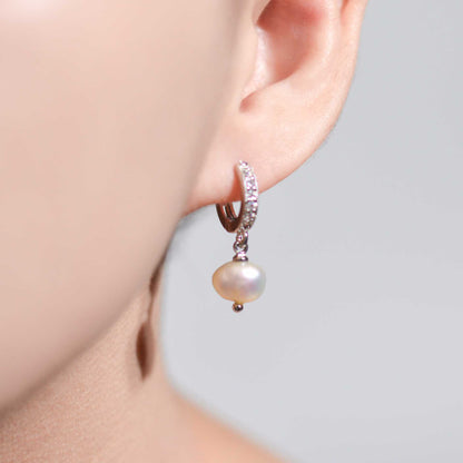 7.3 mm White Kieshe Pearl Rhodium Plated with Inlaid Zircon Hoop Earrings