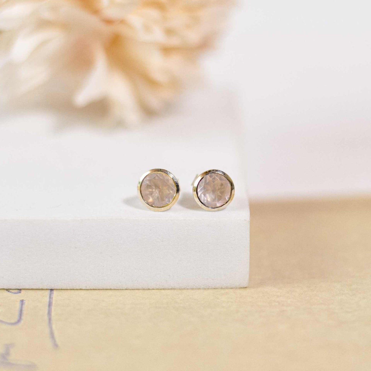 7 mm Round cut Rose Quartz Bezel Earrings