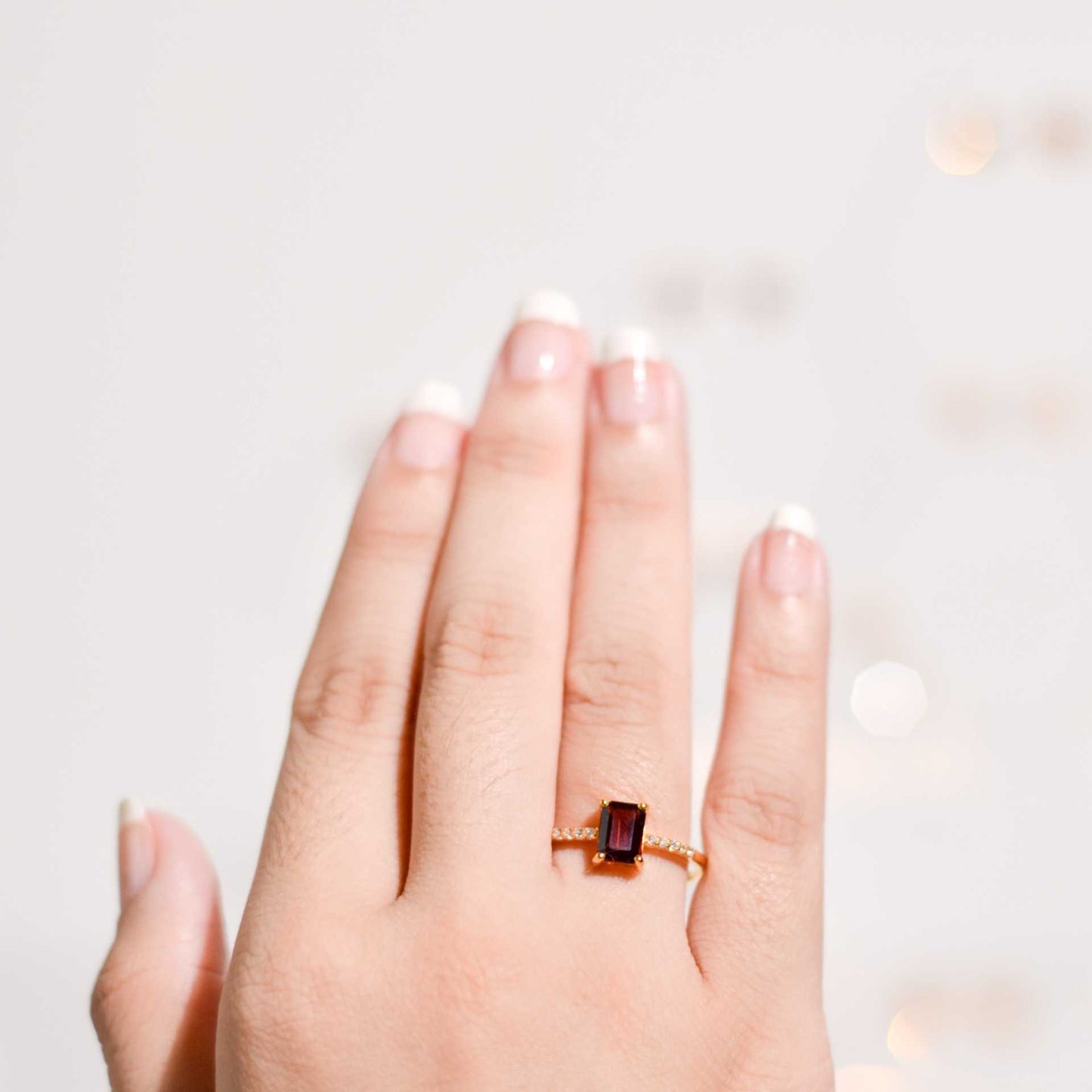 7 x 5 mm Baguette cut Red Garnet with Cz band Ring