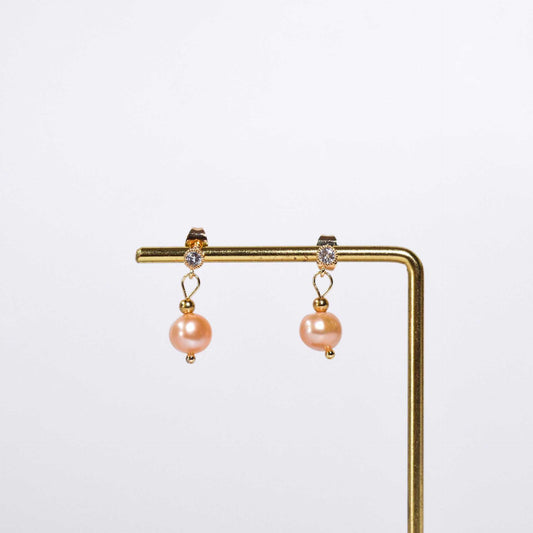 8.1 mm peach semi-round pearl yellow gold plated dangling with 4 mm zircon stud earrings