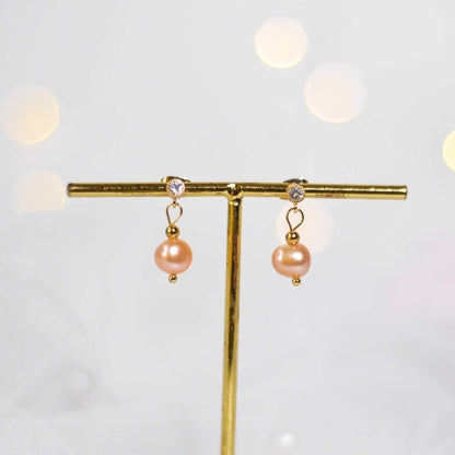 8.1 mm peach semi-round pearl yellow gold plated dangling with 4 mm zircon stud earrings