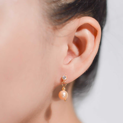 8.1 mm peach semi-round pearl yellow gold plated dangling with 4 mm zircon stud earrings