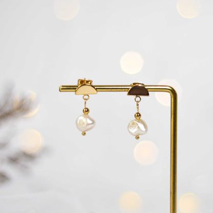 8.2 mm white kieshe pearl dangling yellow gold plated with half circle stud earrings
