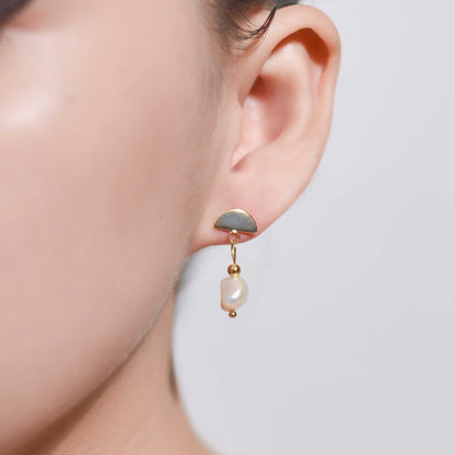 8.2 mm white kieshe pearl dangling yellow gold plated with half circle stud earrings