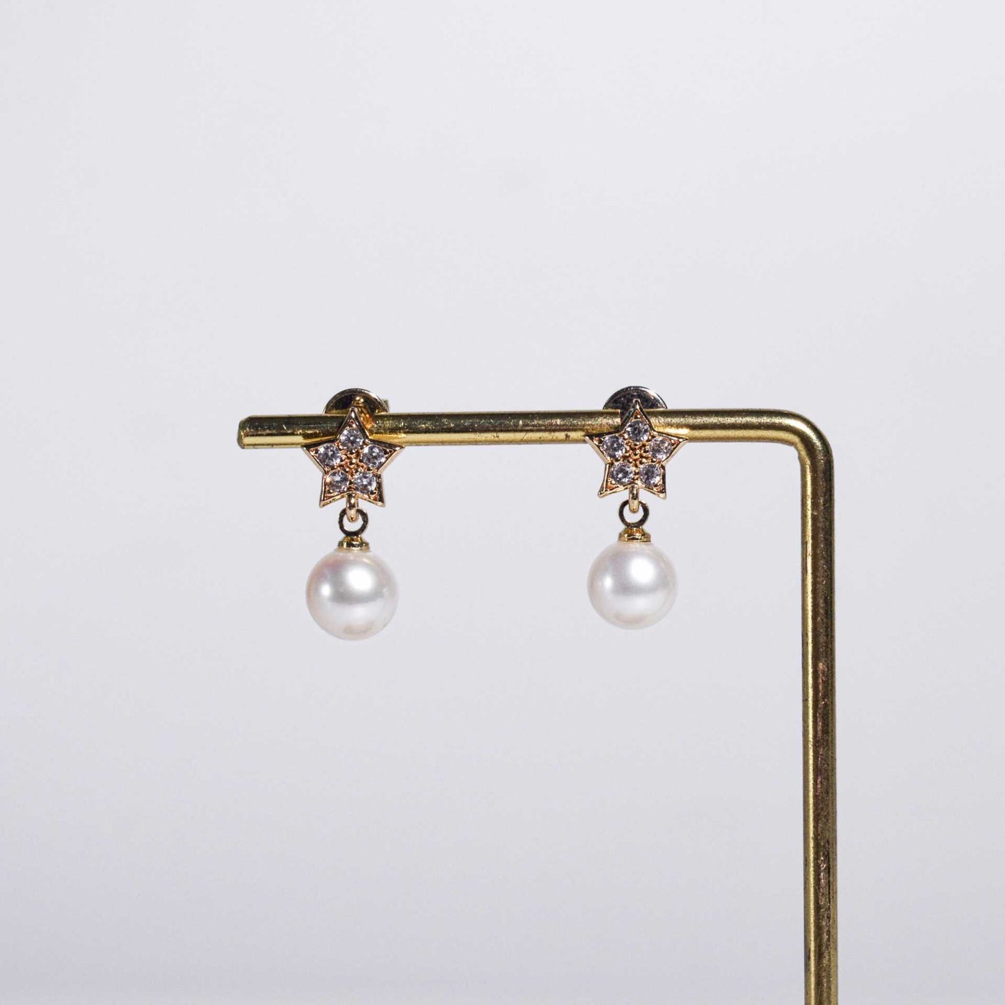 8.3 mm White Round Pearl Yellow Gold Plated Dangling with 9.2 mm Star Stud with Zircon Earrings