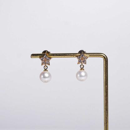 8.3 mm White Round Pearl Yellow Gold Plated Dangling with 9.2 mm Star Stud with Zircon Earrings