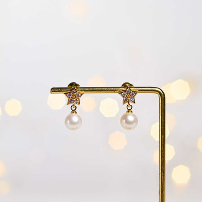 8.3 mm White Round Pearl Yellow Gold Plated Dangling with 9.2 mm Star Stud with Zircon Earrings