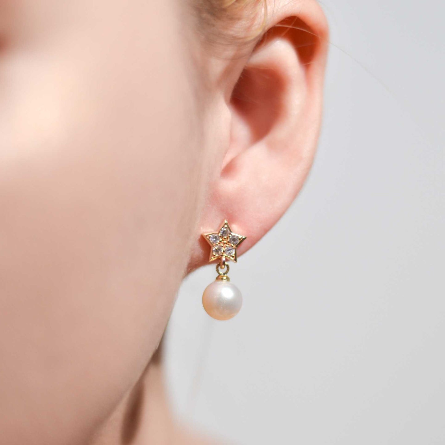 8.3 mm White Round Pearl Yellow Gold Plated Dangling with 9.2 mm Star Stud with Zircon Earrings