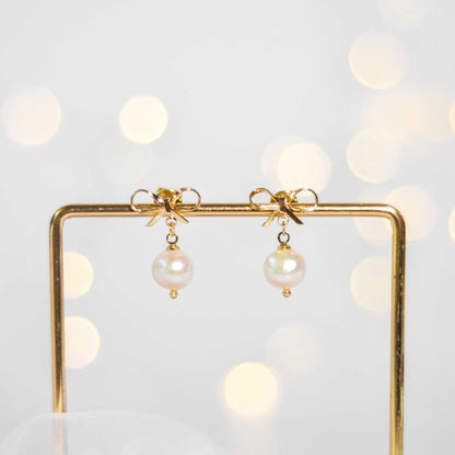8.5 mm White Kieshe Pearl Yellow Gold Plated with Bow Stud Earrings