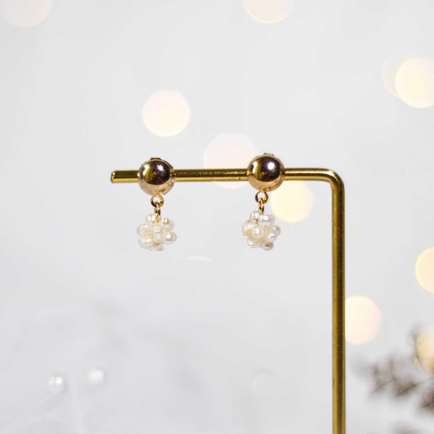 8.5 mm white pearl ball dangling yellow gold plated with 8.5 mm round stud earrings