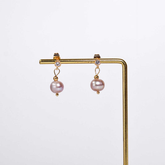 8.6 mm purple semi-round pearl yellow gold plated dangling with 4 mm zircon stud earrings