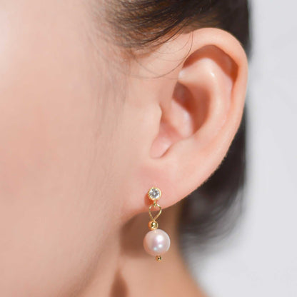 8.6 mm purple semi-round pearl yellow gold plated dangling with 4 mm zircon stud earrings