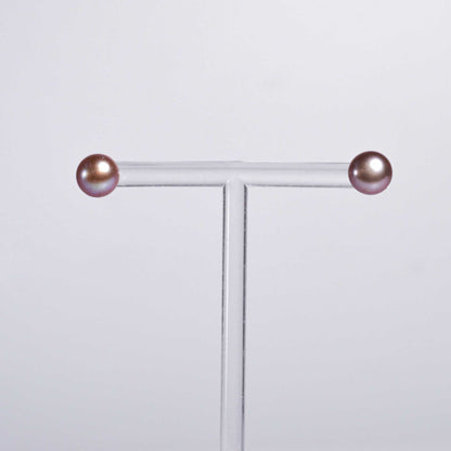 8.8 mm Purple Siopao Pearl Yellow Gold Plated Stud Earrings