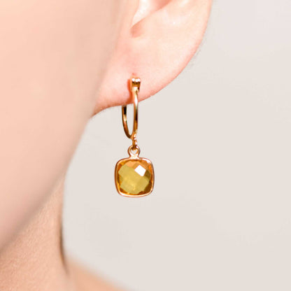 8 mm Cushion Briolette Citrine Small Hoop Earrings