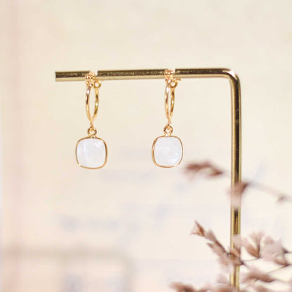 8 mm Cushion Briolette Rainbow Moonstone Small Hoop Earrings