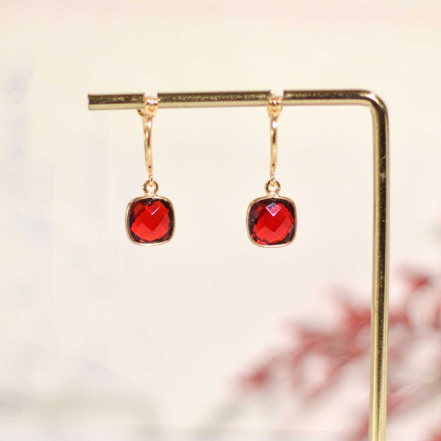 8 mm Cushion Briolette Red Garnet Small Hoop Earrings