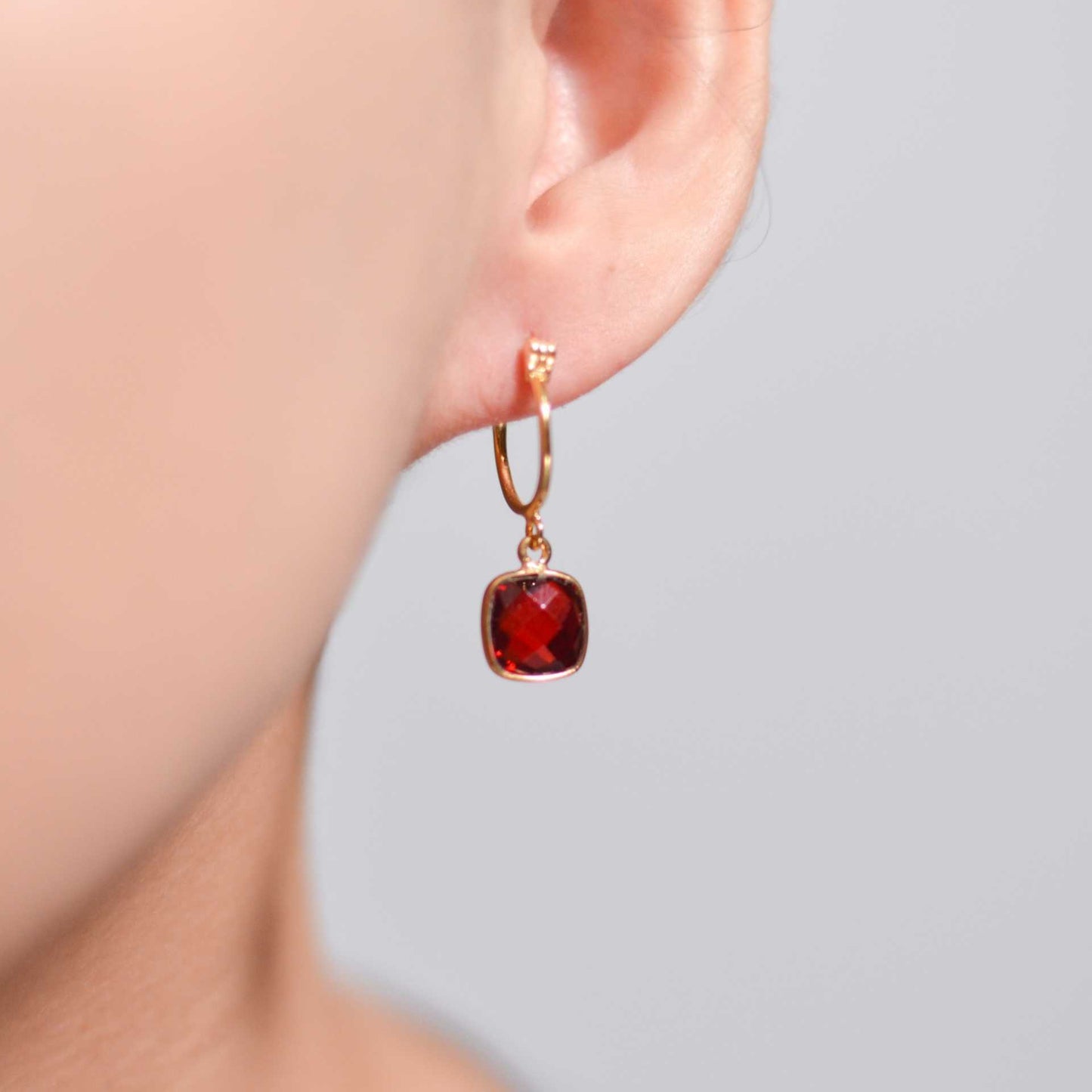 8 mm Cushion Briolette Red Garnet Small Hoop Earrings