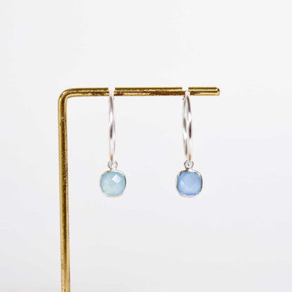 8 mm Cushion cut Blue Chalcedony Big Hoop Earrings