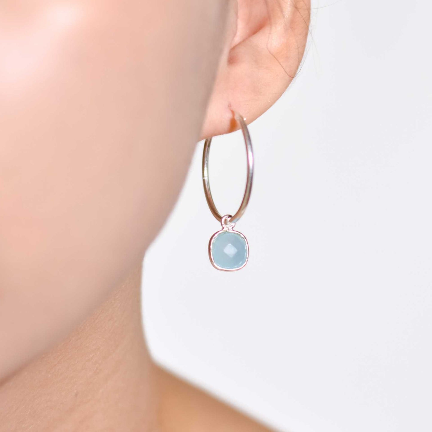 8 mm Cushion cut Blue Chalcedony Big Hoop Earrings