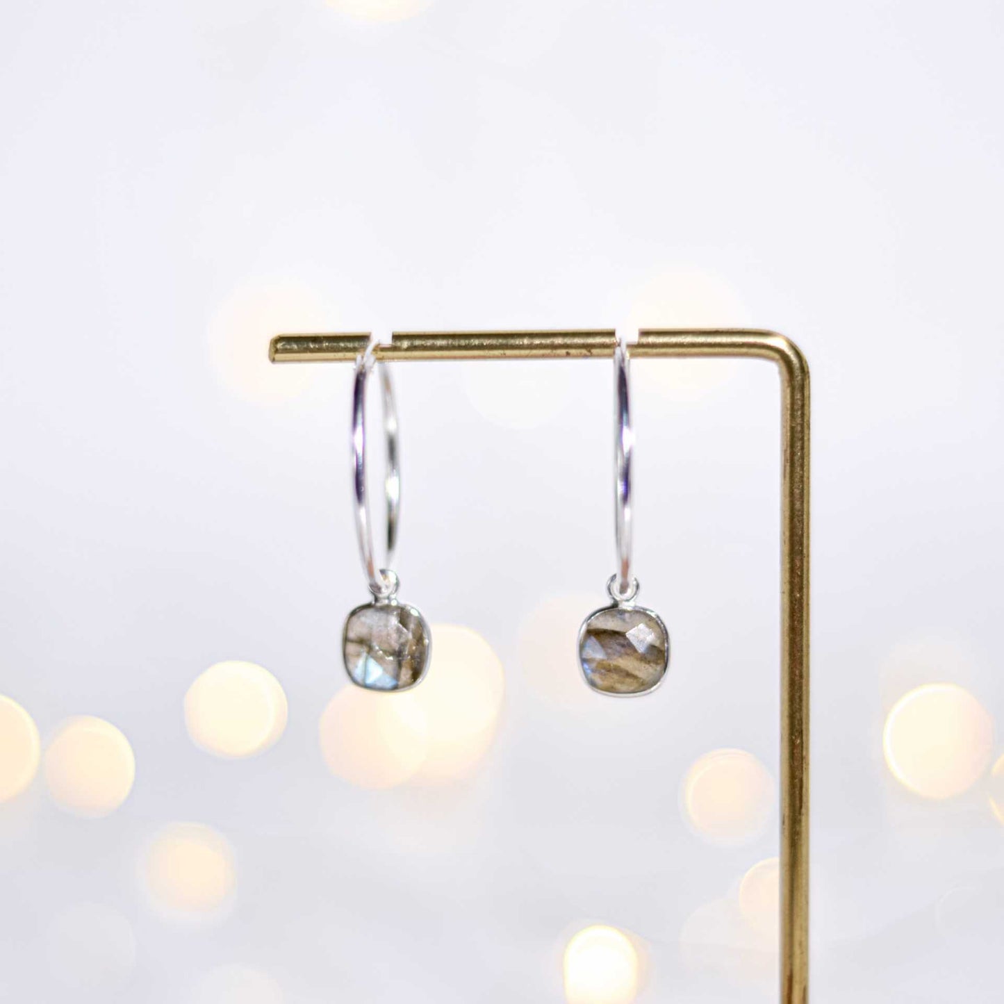 8 mm Cushion cut Labradorite Big Hoop Earrings