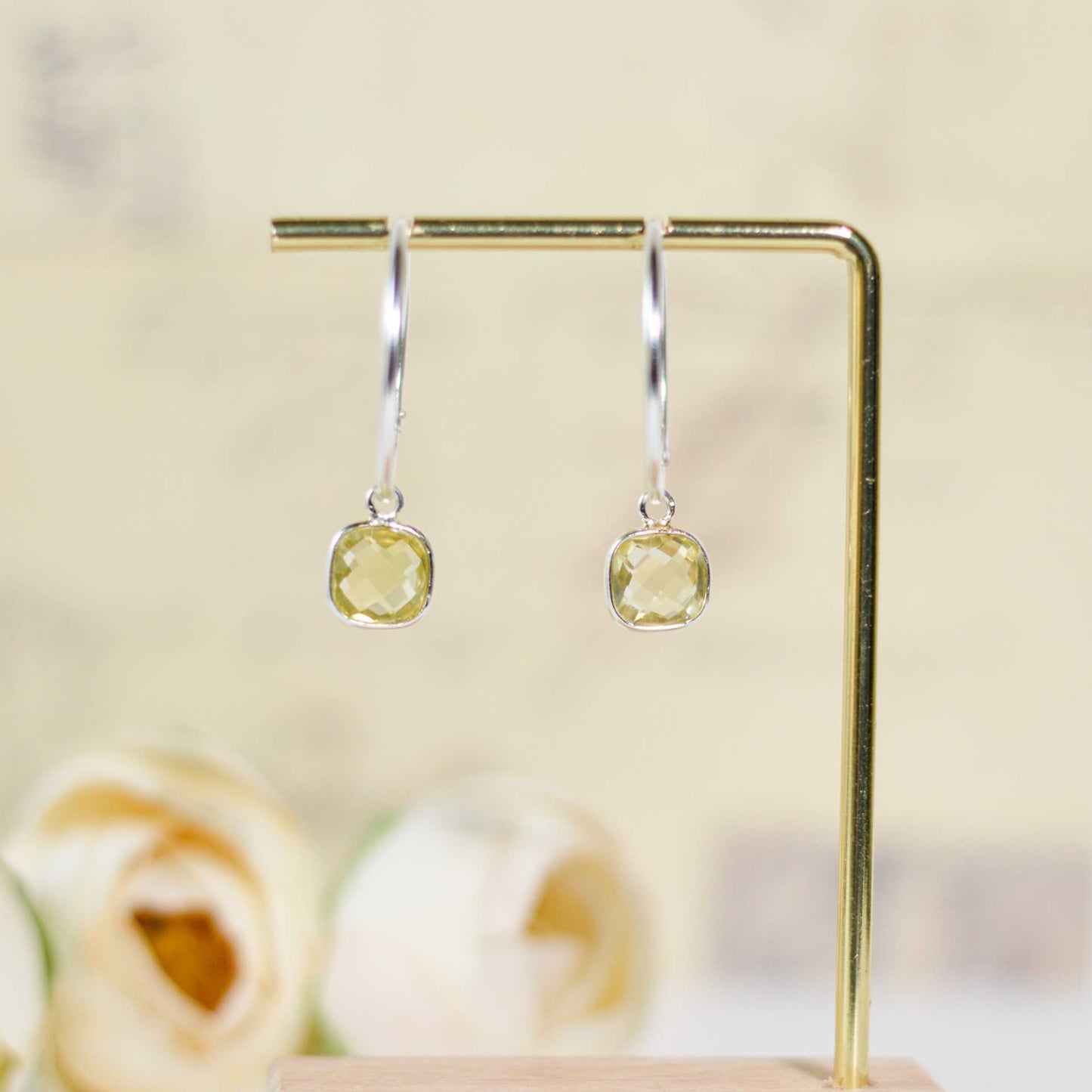 8 mm Cushion cut Lemon Quartz Big Hoop Earrings