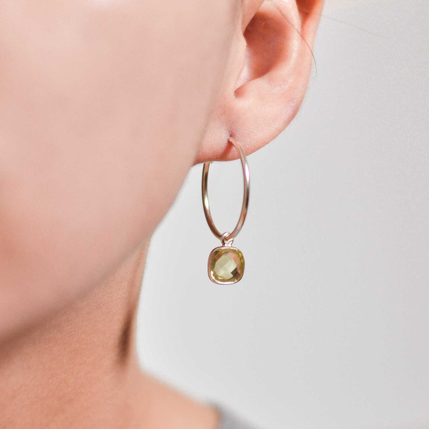 8 mm Cushion cut Lemon Quartz Big Hoop Earrings