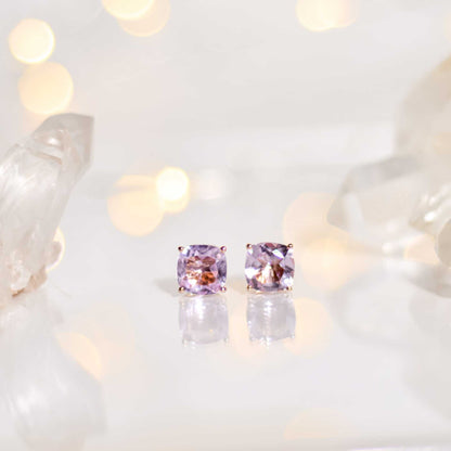 8mm Cushion cut Pink Amethyst Earrings
