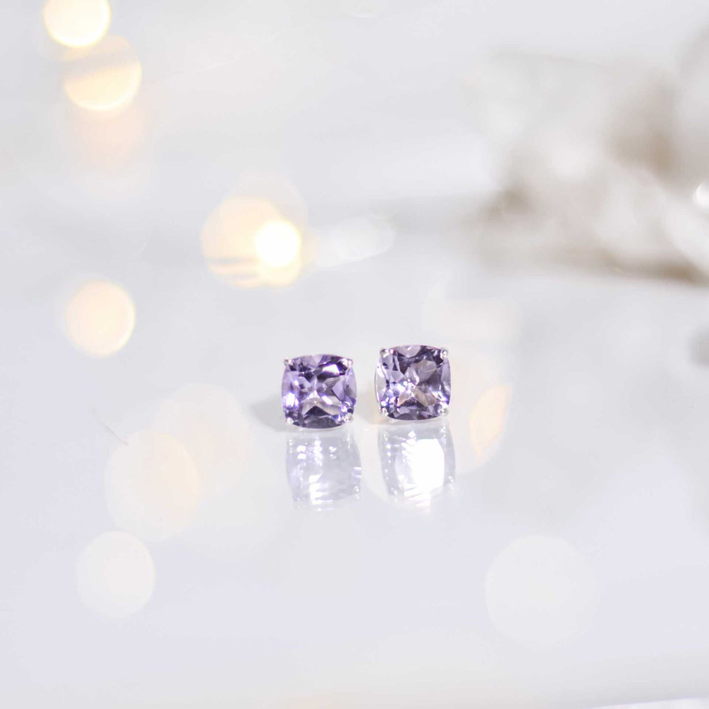 8mm Cushion cut Pink Amethyst Earrings