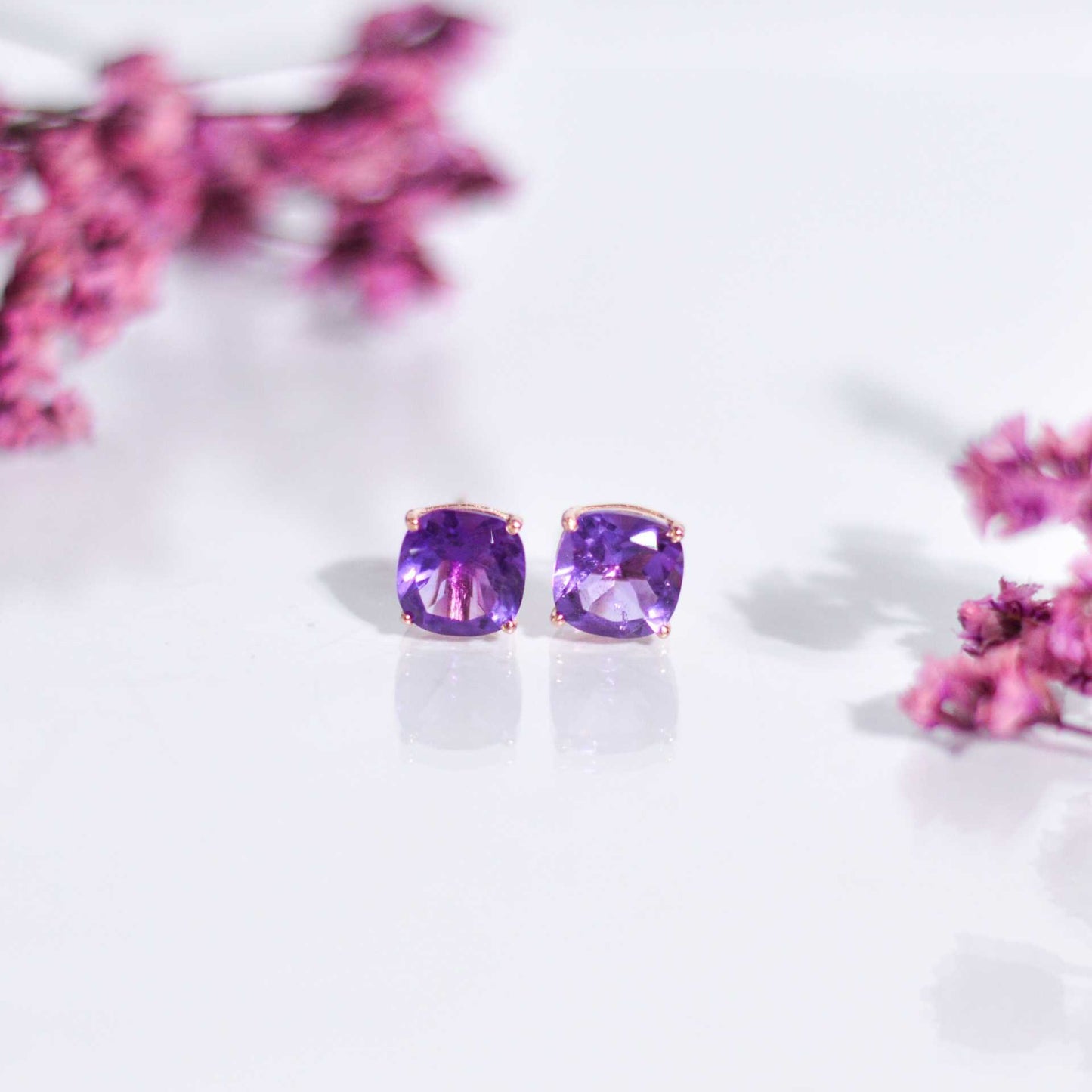 8mm Cushion cut Purple Amethyst Earrings