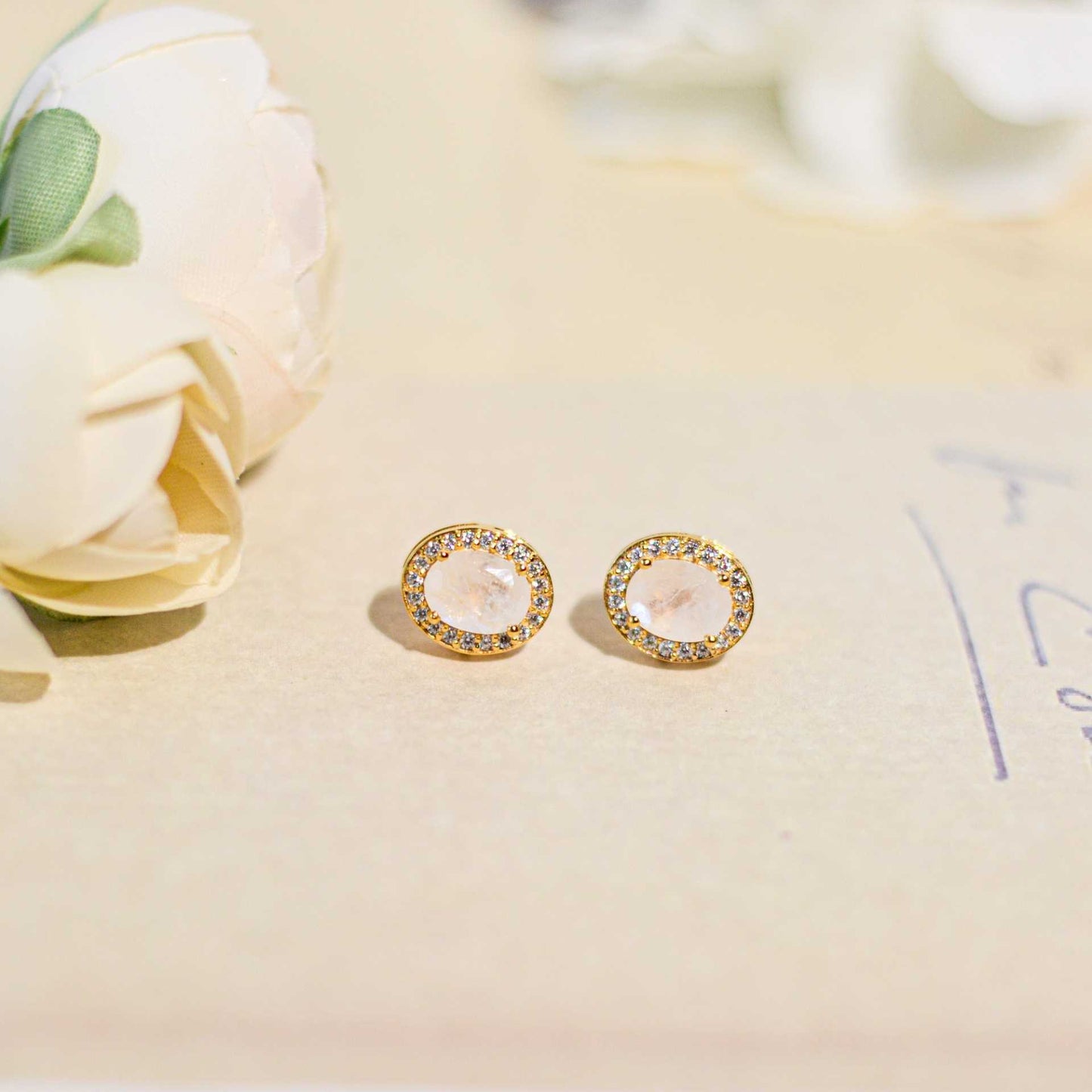 8 x 6 mm Oval cut Moonstone with Cz Halo Earrings