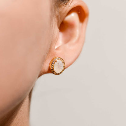 8 x 6 mm Oval cut Moonstone with Cz Halo Earrings