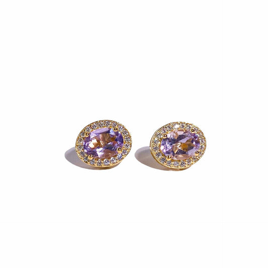 8 x 6 mm Oval cut Pink Amethyst with Cz Halo Earrings
