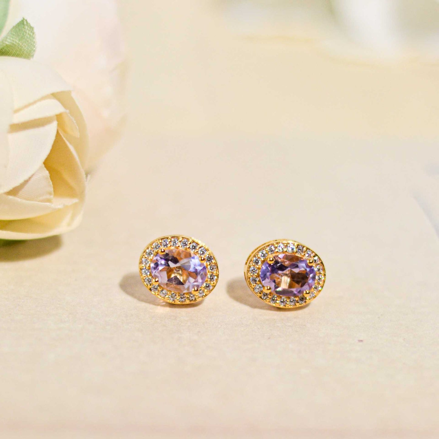 8 x 6 mm Oval cut Pink Amethyst with Cz Halo Earrings