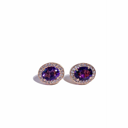 8 x 6 mm Oval cut Purple Amethyst with Cz Halo Earrings