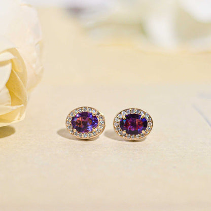 8 x 6 mm Oval cut Purple Amethyst with Cz Halo Earrings