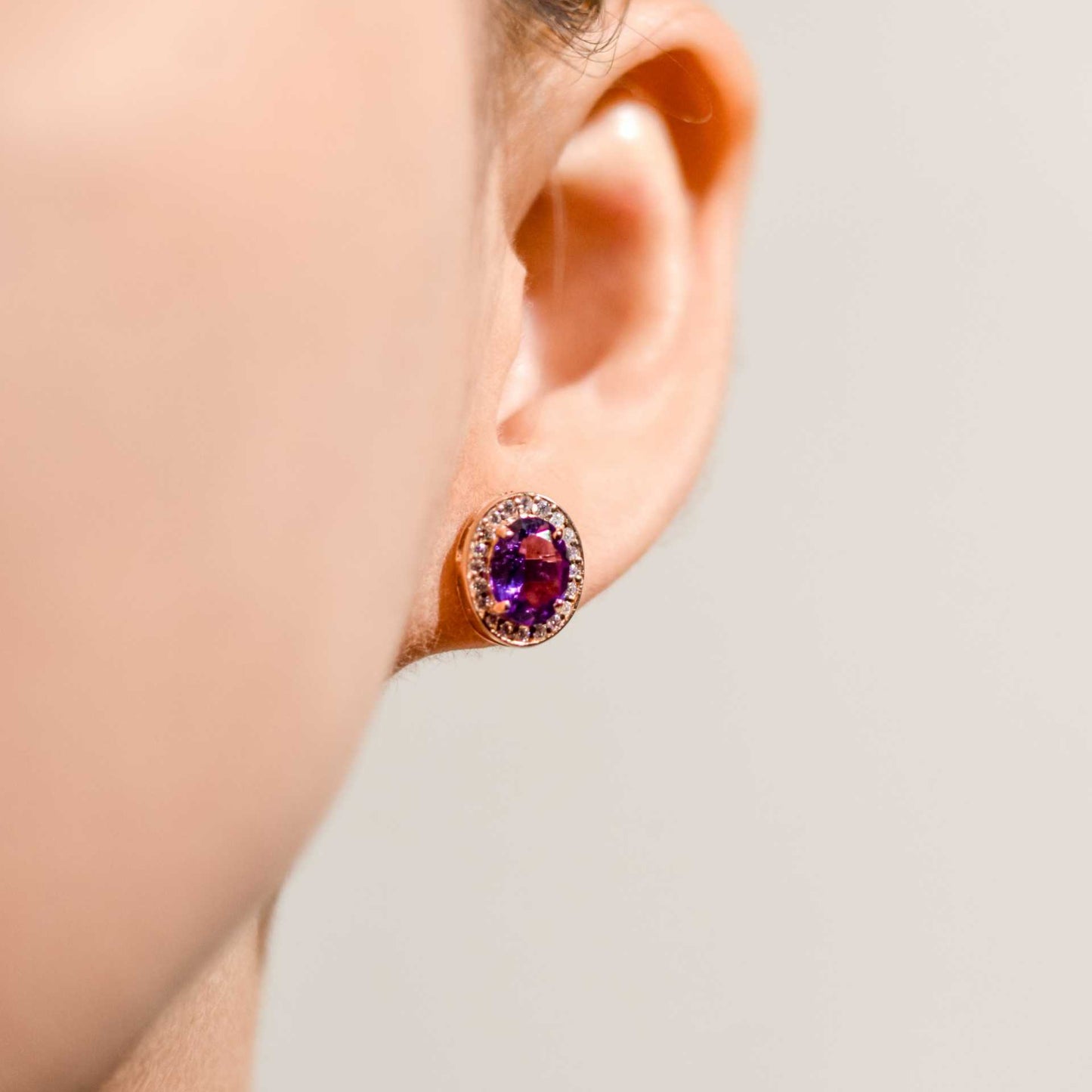 8 x 6 mm Oval cut Purple Amethyst with Cz Halo Earrings