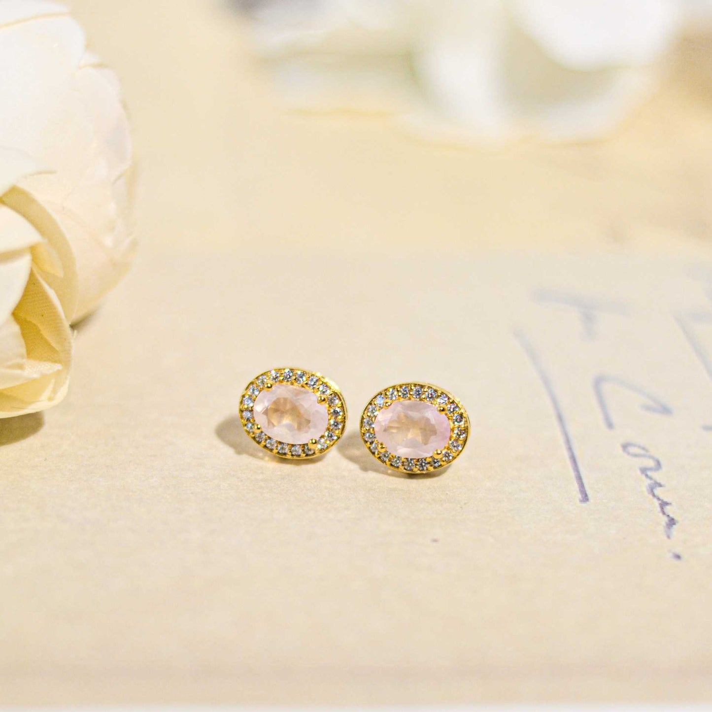 8 x 6 mm Oval cut Rose Quartz with Cz Halo Earrings