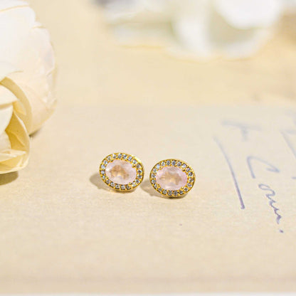 8 x 6 mm Oval cut Rose Quartz with Cz Halo Earrings