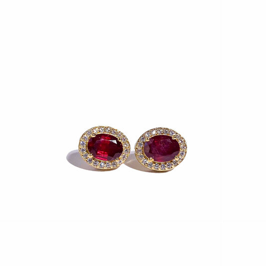 8 x 6 mm Oval cut Ruby with Cz Halo Earrings