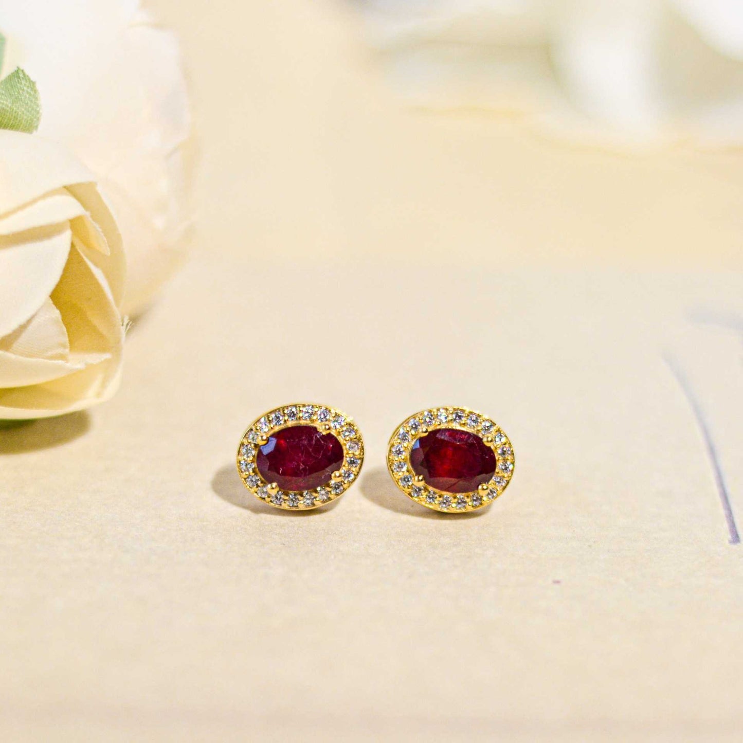 8 x 6 mm Oval cut Ruby with Cz Halo Earrings