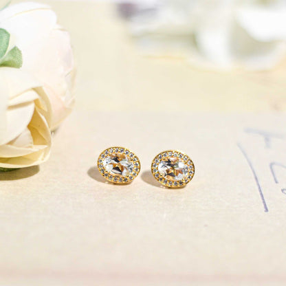 8 x 6 mm Oval cut White Topaz with Cz Halo Earrings