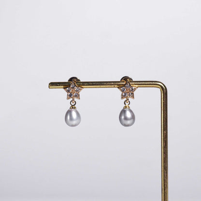 9.0 mm Gray Biwa Pearl Yellow Gold Plated Dangling with 9.2 mm Star Stud with Zircon Earrings