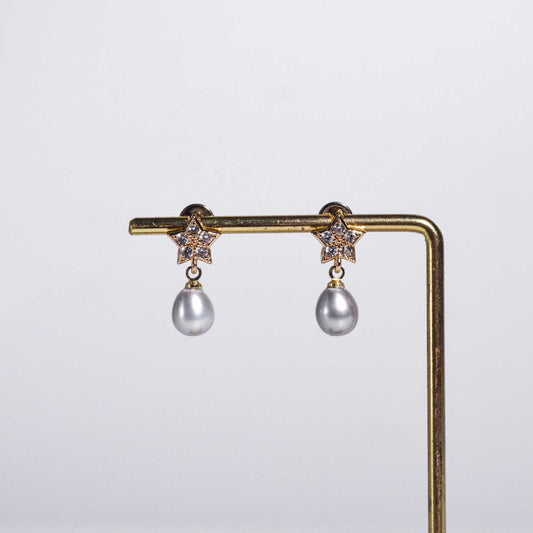 9.0 mm Gray Biwa Pearl Yellow Gold Plated Dangling with 9.2 mm Star Stud with Zircon Earrings