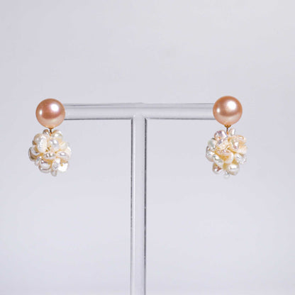 9.1 mm Peach Siopao Pearl Yellow Gold Plated Stud with 14 mm White Pearl Ball Earrings
