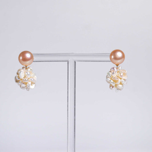 9.1 mm Peach Siopao Pearl Yellow Gold Plated Stud with 14 mm White Pearl Ball Earrings