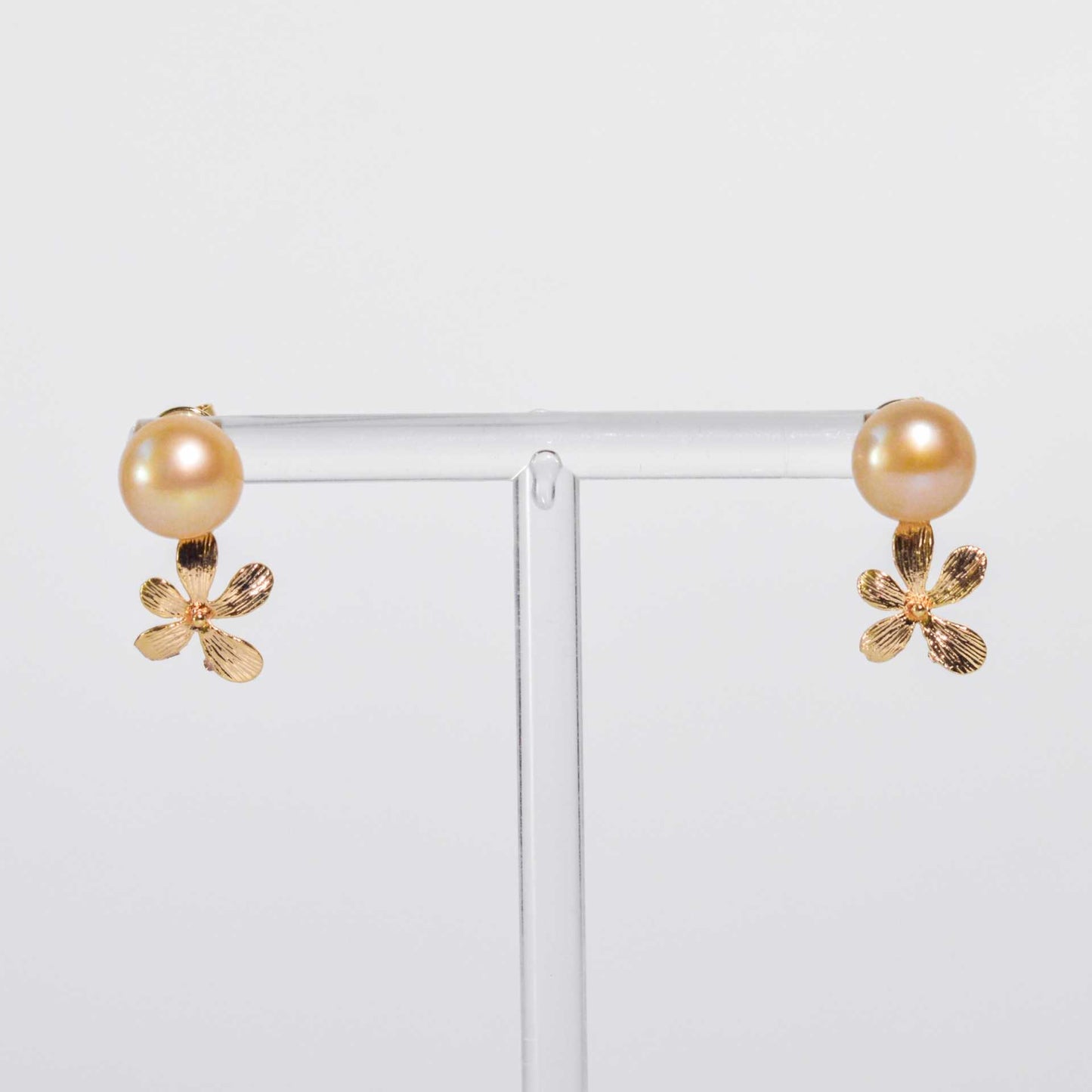 9.3 mm Champagne Siopao Pearl Yellow Gold Plated Stud with Flower Drop Earrings