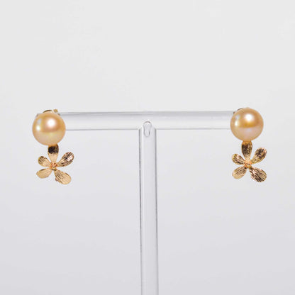 9.3 mm Champagne Siopao Pearl Yellow Gold Plated Stud with Flower Drop Earrings