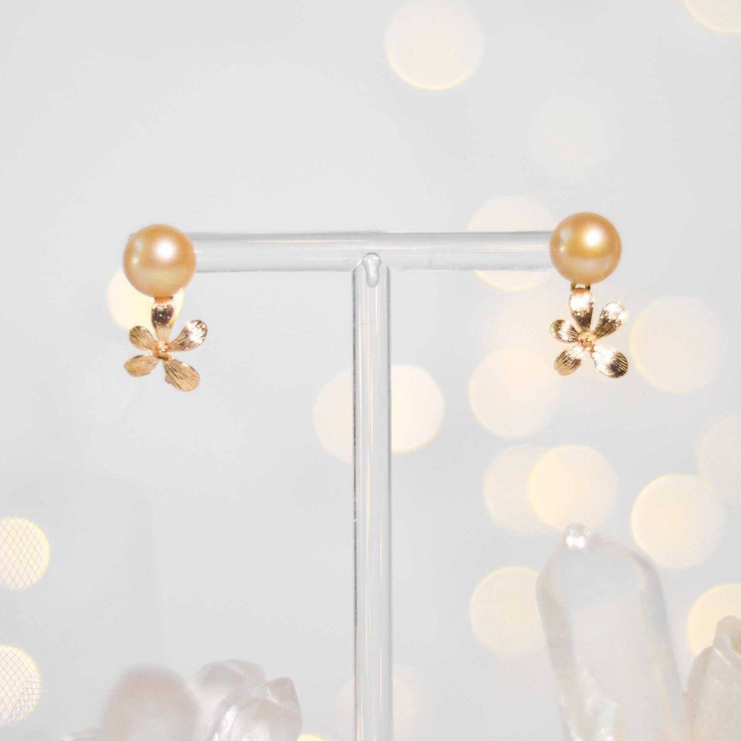 9.3 mm Champagne Siopao Pearl Yellow Gold Plated Stud with Flower Drop Earrings