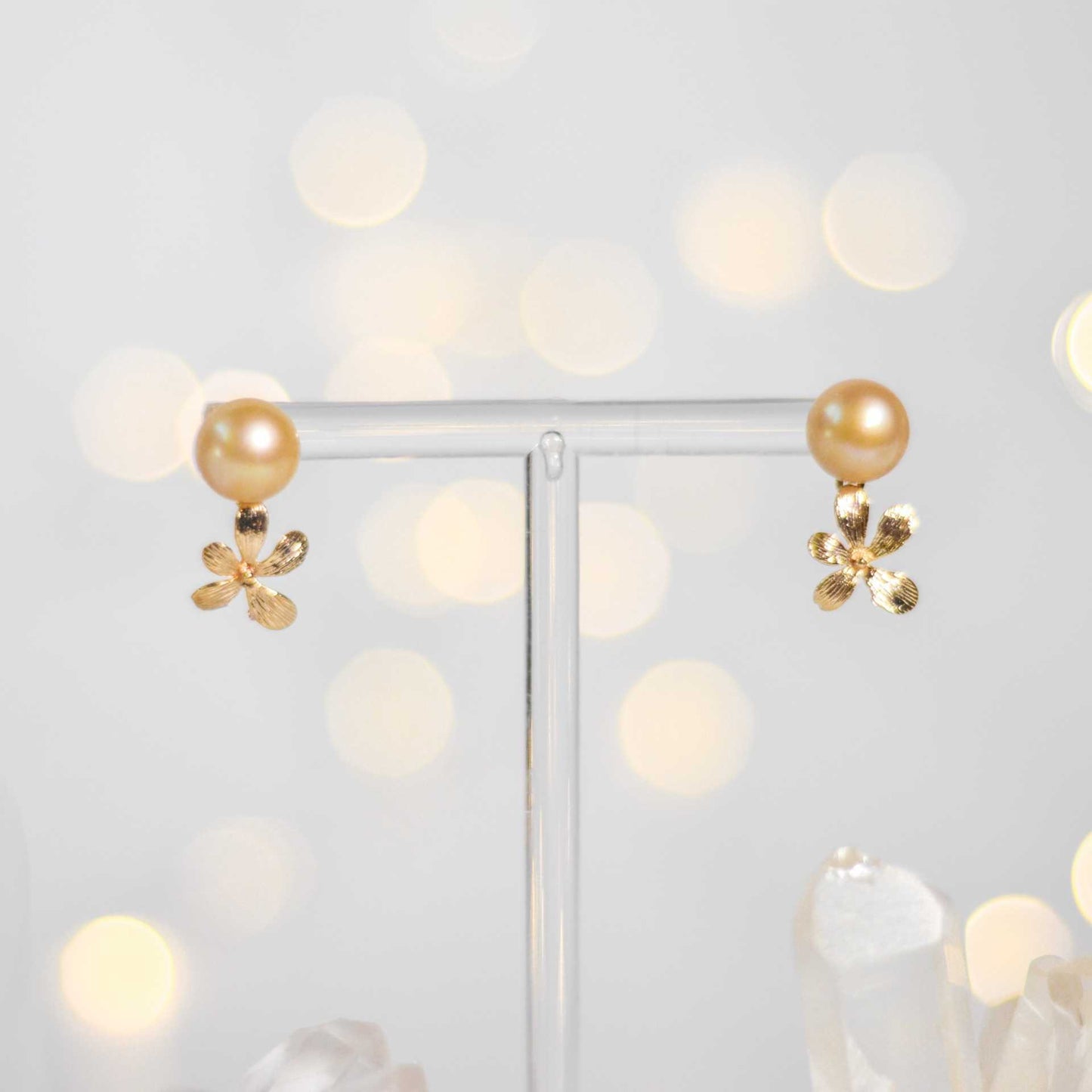 9.3 mm Champagne Siopao Pearl Yellow Gold Plated Stud with Flower Drop Earrings